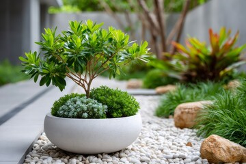 Fototapeta premium Small tree growing in a white pot in a modern garden