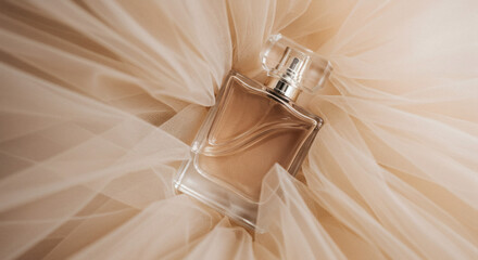 Elegant Perfume Bottle on Beige Tulle Fabric Luxury Fragrance Women s Scent Beauty Product