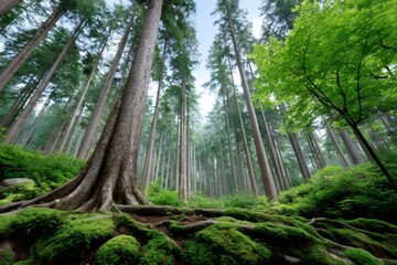 Obraz premium Majestic trees growing tall in lush green forest