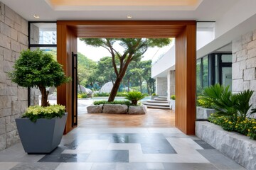 Obraz premium Elegant entrance welcoming guests to luxurious resort with swimming pool