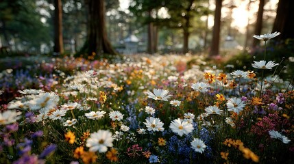 Floral meadow bathed in golden sunlight