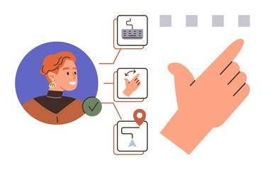 Person using gesture-based interface for task execution. Keyboard, selection, and navigation icons shown. Ideal for technology, accessibility, control, UX, task management design simple flat