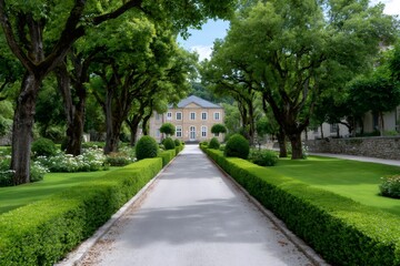 Pathway leading to beautiful french manor house surrounded by manicured hedges and trees