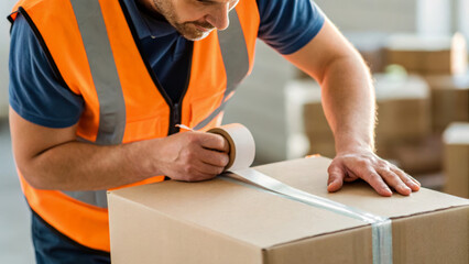 Delivery courier logistics ecommerce shipping. Delivery courier logistics shipping worker packaging cardboard tape warehouse