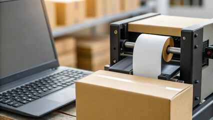 Delivery courier logistics ecommerce shipping. Shipping label printer cardboard box laptop ecommerce delivery logistics