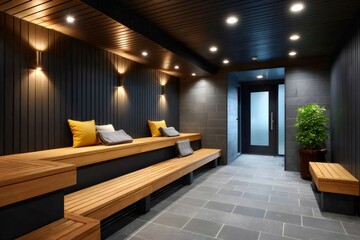 Fototapeta premium Modern spa relaxation area with wooden benches and dark gray tiled floor