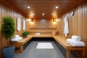 Empty sauna relaxing room made of wood with towels and plants
