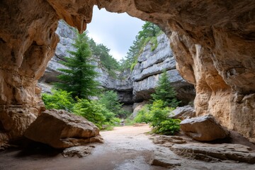Exploring the prehistoric cave opening to lush green forest