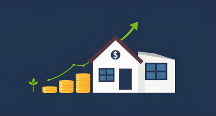 House with arrow, Property growth icon, Real estate market vector, Investment in housing, Housing price increase, Real estate success, Upward arrow with house, Home value growth, House appreciation sy