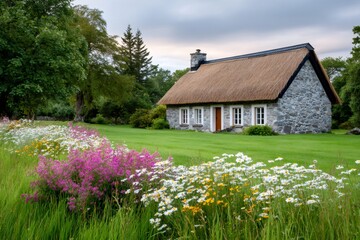 Charming thatched cottage nestled in a vibrant flower garden in Ireland