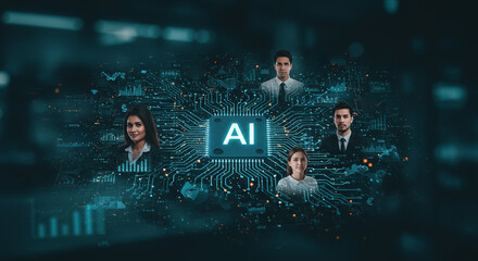AI technology and virtual business network.
AI chip connected with business team members in digital matrix environment.
