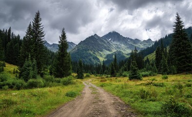 Mountain valley path under cloudy sky
