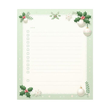 A mint green notepad decorated with Christmas ornaments and holly.