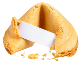 Broken Fortune Cookie with Fortune Paper Slip on White Surface, isolated on transparent background