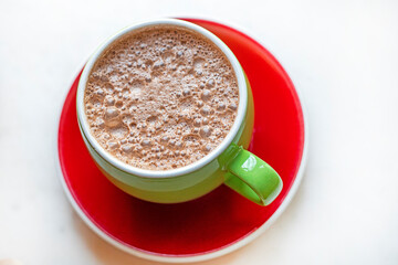cup of hot chocolate on a light background. Good morning