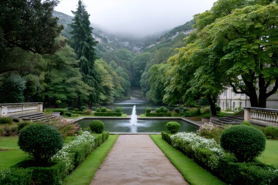 Majestic fountain adorning the gardens of the Monastery of Santo Estevo de Ribas de Sil