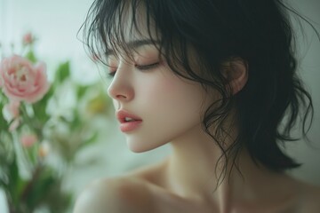 Naklejka premium Sick day at home, Asian woman having a runny nose and common cold., Generative AI