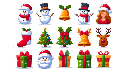 A collection of cheerful Christmas icons featuring snowmen, Santa, reindeer, gifts, and festive decorations.