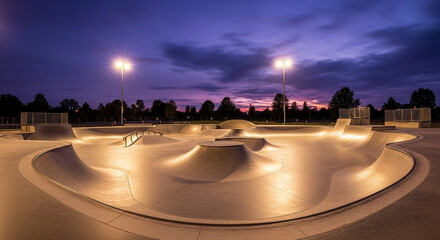 Naklejka premium Empty Skatepark at Sunset Dusk. A modern concrete skatepark with ramps and bowls is illuminated by lights under a beautiful purple and orange sky at dusk. 