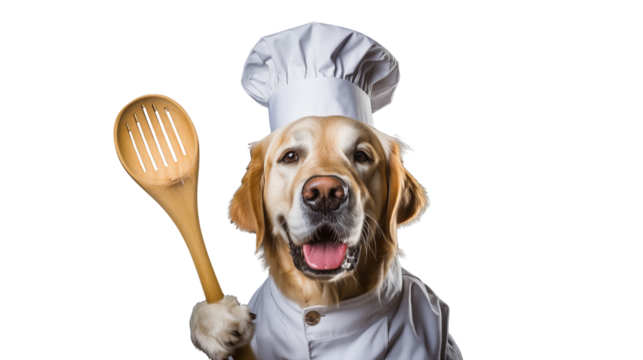A golden retriever dog wearing a chef hat and uniform holding a wooden spoon against a transparent background