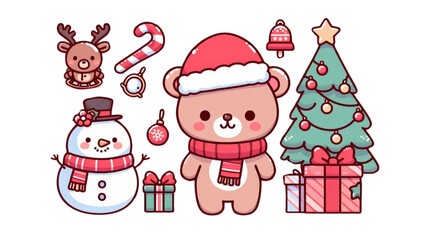 Cute cartoon Christmas characters including a bear, snowman, and reindeer, with festive decorations.