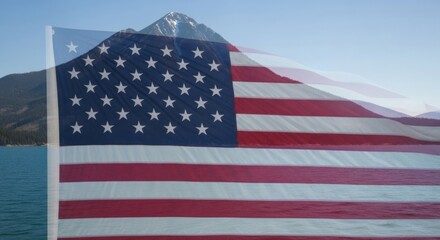Obraz premium Majestic American Flag Waves Proudly Over Breathtaking Mountain Lake Scenery
