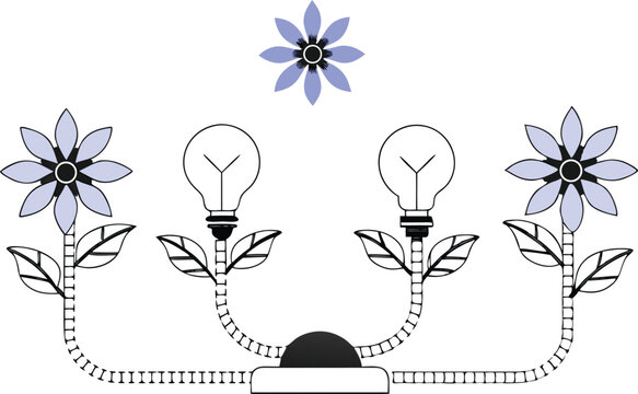Vector flowers powering a circuit, with electrical flow moving from cartoon anode to cathode via vines
