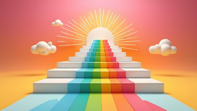 Rainbow stairs leading to sun and clouds steps rays