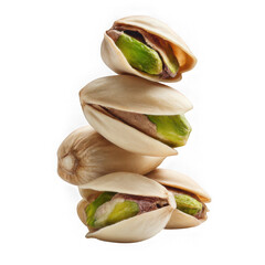 A vertical stack of four pistachios with shells partially open on white background