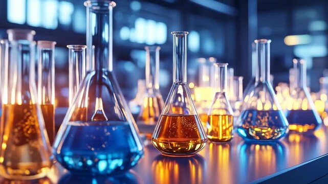Colorful liquids fill glass beakers in a laboratory setting under bright illumination