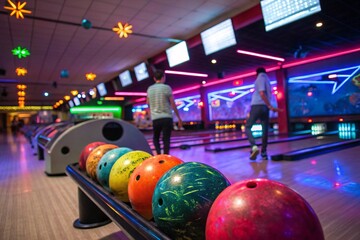 A bowling alley with neon lights and a sign that says "Serenity"