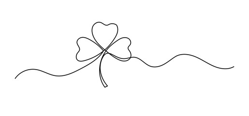 Clover with three petals one line drawing, symbol of St. Patrick s Day continuous outline isolated sketch