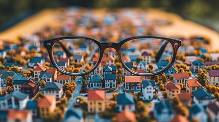 Naklejka premium Glasses focus on miniature cityscape