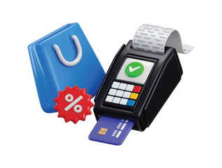 Shopping bag with Pos machine icon 3d render concept of payment terminal for online product shopping, packing, shopping bag credit card protection secure for online payment vector illustration