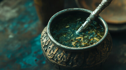 Authentic mate cup with green yerba and silver bombilla, detailed close-up, natural textures, bright clean background