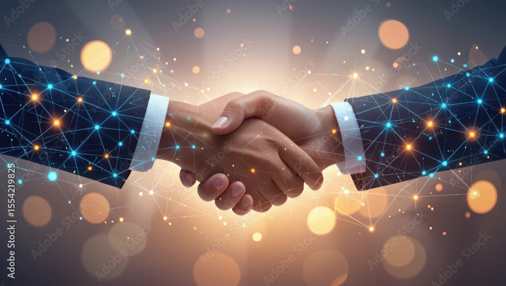 Poster two business professionals in suits shaking hands with a glowing digital network overlay and bokeh l