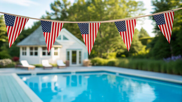 Independence day celebration. American flag bunting outdoor pool summer day patriotic holiday family, family gathering holiday, 4th july