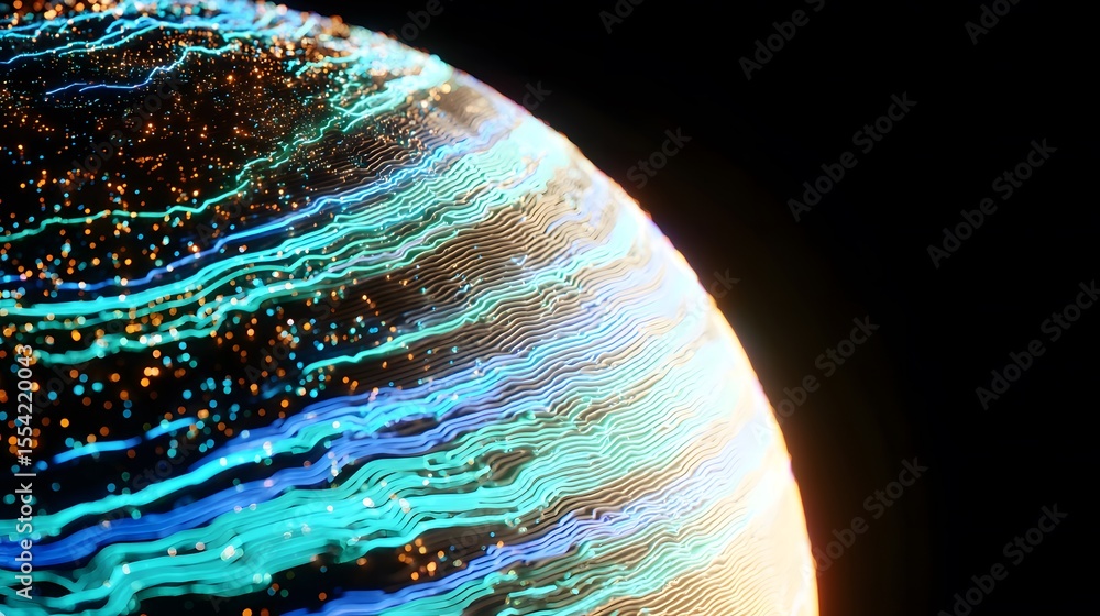 Poster glowing circuit patterns on a spherical surface
