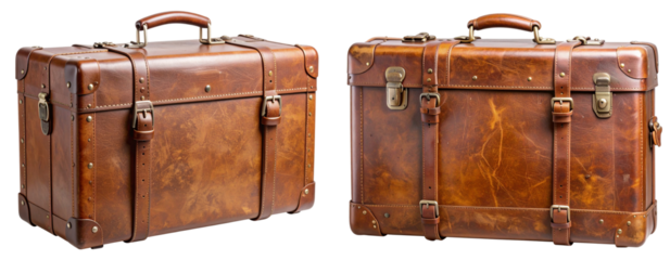 Vintage Travel Suitcase with Leather Straps and Weathered Texture, Transparent Background PNG