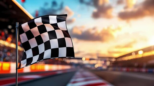 A checkered flag waving at a racetrack, signaling the end of a race, with blurred stands and a colorful sunset in the background.