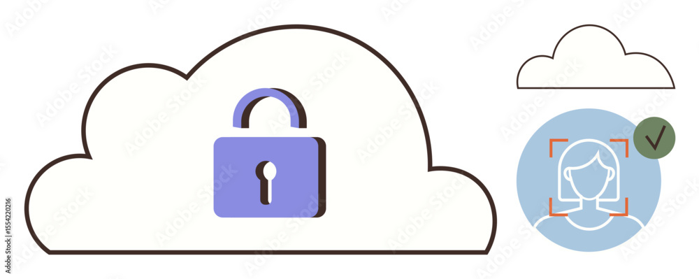 Poster cloud with lock representing data security, facial recognition for identity verification, round chec