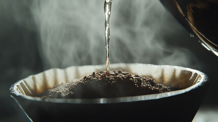 Close-up of pour-over coffee brewing, hot water being poured over freshly ground coffee in a cone filter