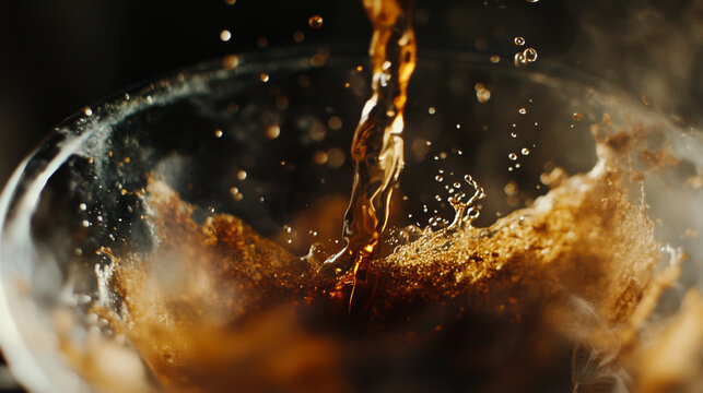 Close-up of pour-over coffee brewing, hot water being poured over freshly ground coffee in a cone filter