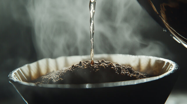 Close-up of pour-over coffee brewing, hot water being poured over freshly ground coffee in a cone filter