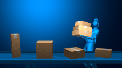 A robotic figure lifting boxes in a blue-toned environment, showcasing modern logistics and automation technology.