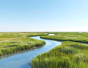3D rendering of a coastal salt marsh with tidal channels, grassy banks, and brackish water, clean background