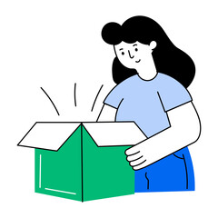 Flat style illustration showing character unboxing a product delivery
