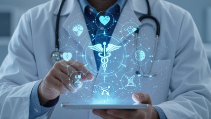 Medical professional interacting with futuristic digital health interface displaying caduceus symbol and health icons