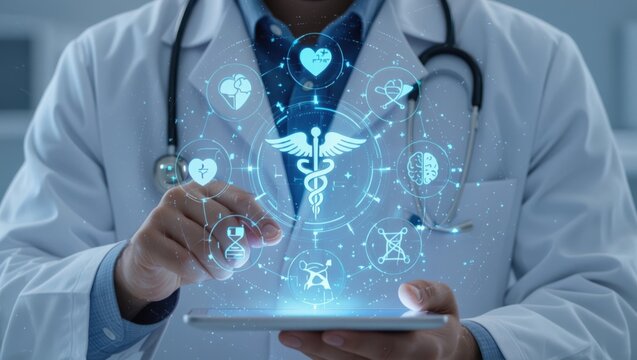 Medical professional interacting with futuristic digital health interface displaying caduceus symbol and health icons - Powered by Adobe