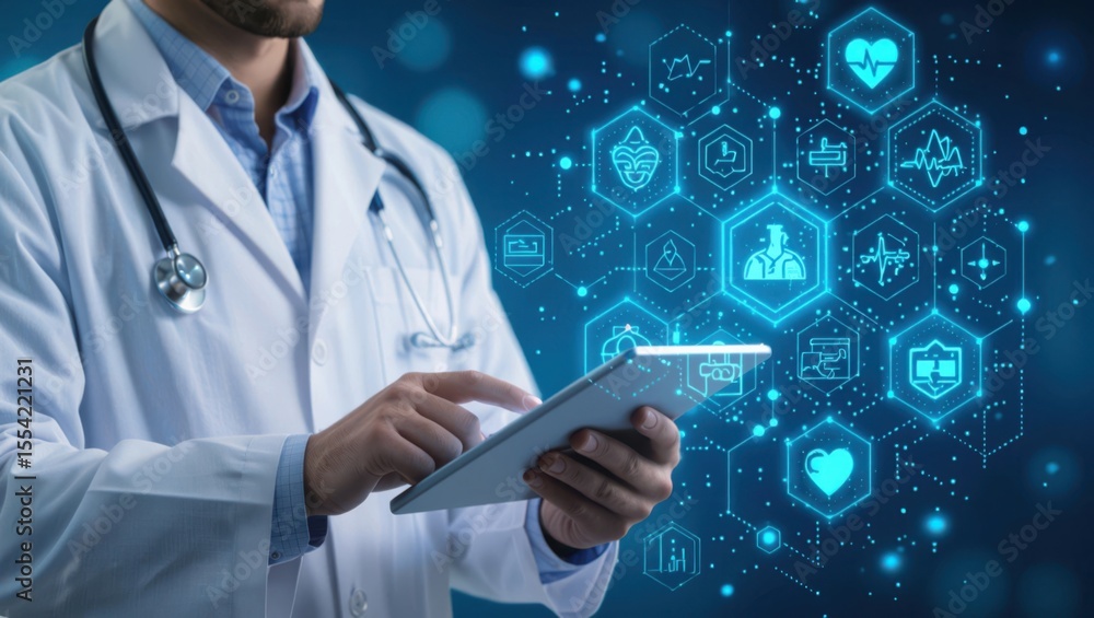 Poster doctor utilizing a tablet with advanced medical technology interface displaying health data and icon